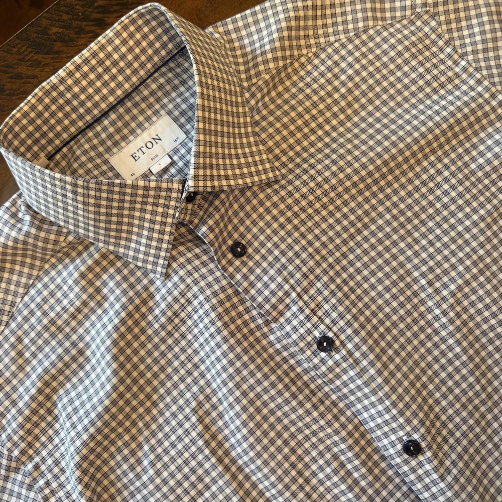 Eton Mens Shirt 42 16.5 34/35 Blue Check Slim Fit Signature Twill Dress 862046FO